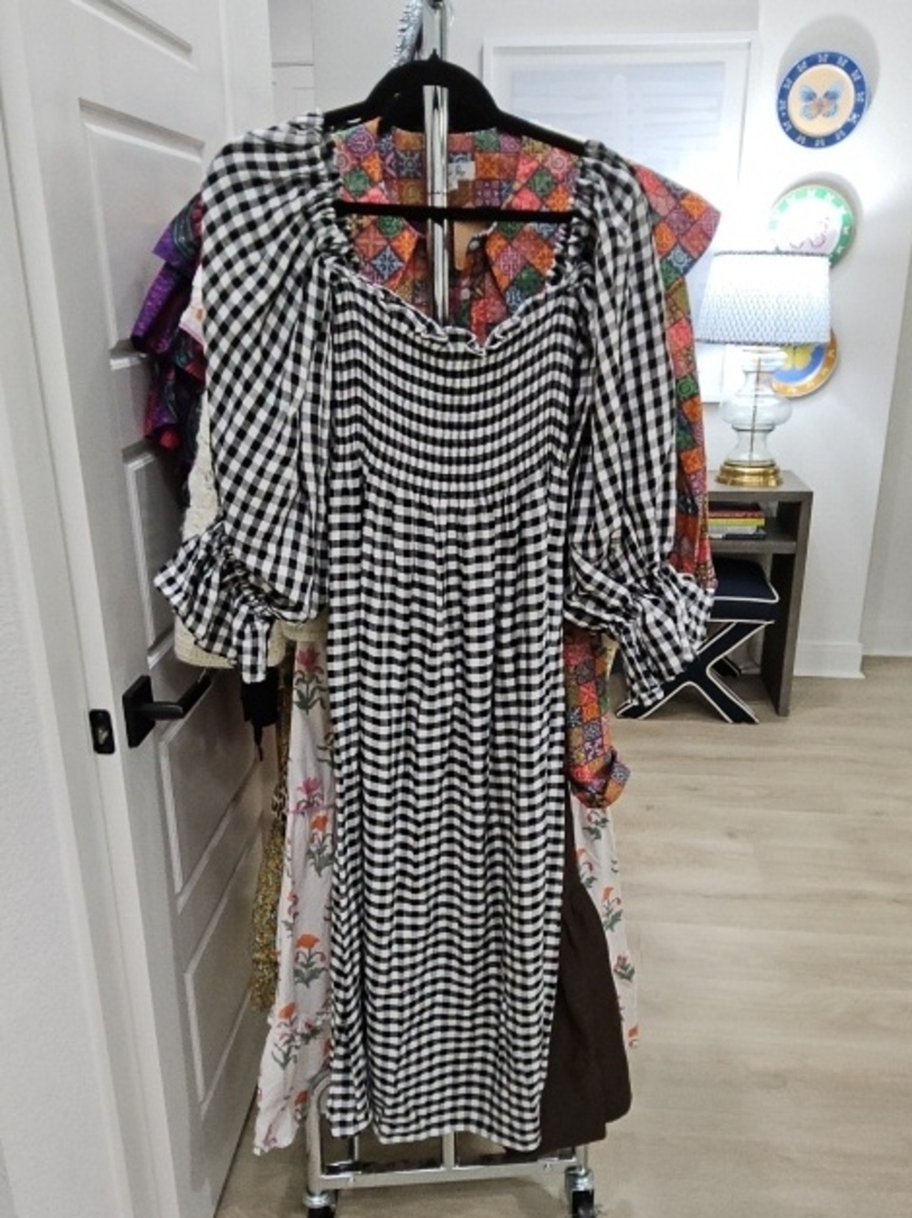 Sleeper Black and White Gingham Puff-Sleeve Midi Dress